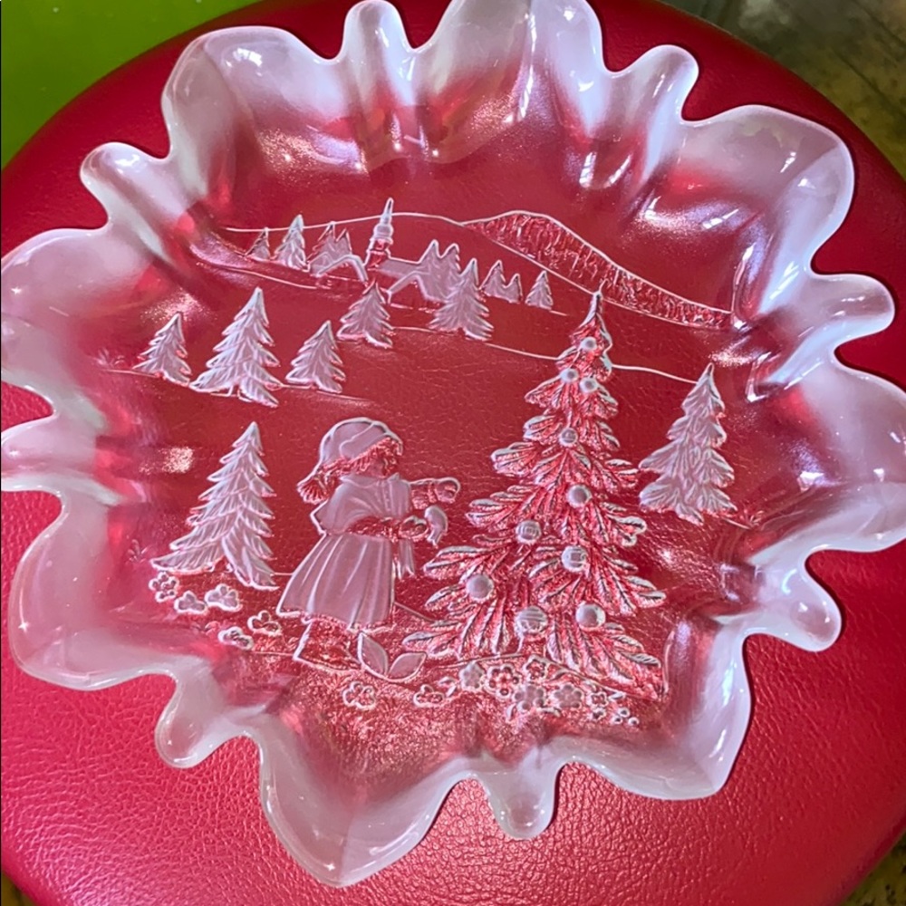 Mikasa glass Christmas Story bon bon plate with original box Vintage